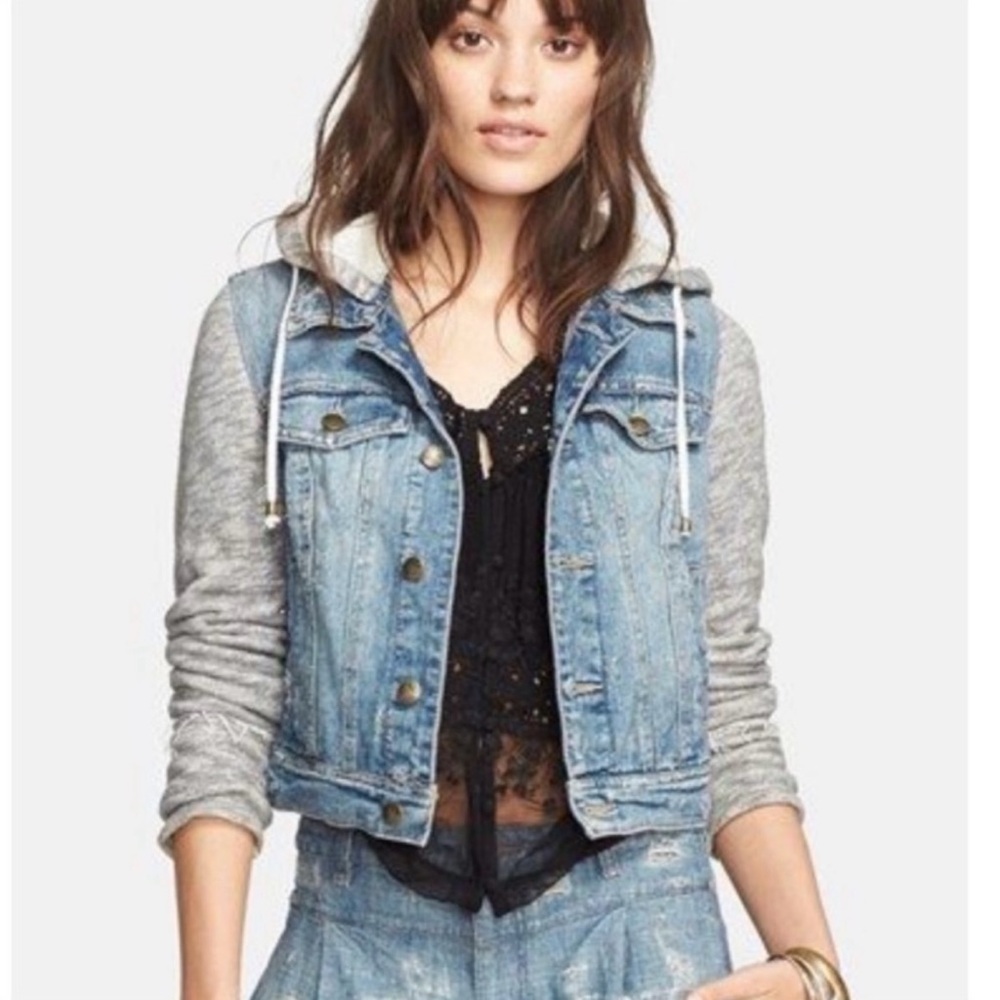 Free People Distressed Denim/Knit Hoodie Jacket